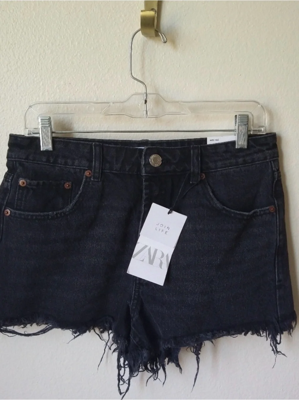 Zara Black High-Rise Frayed Hem Denim Shorts
